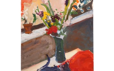 Deborah Kriger Still Life Oil Painting with Flowers and Cat, Late 20th Century