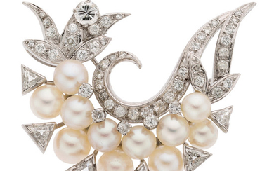 Diamond, Cultured Pearl, White Gold Brooch The brooch features...