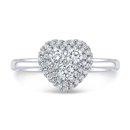 Diamond Heart-shaped Double Halo Ring With Cluster Center And Tapered Shank In 14k White Gold