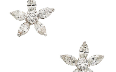 Diamond, White Gold Earrings The floral earrings feature marquise-shaped...