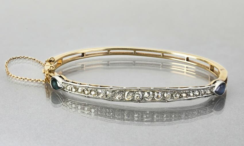 Diamond, sapphire, and 14k bangle bracelet