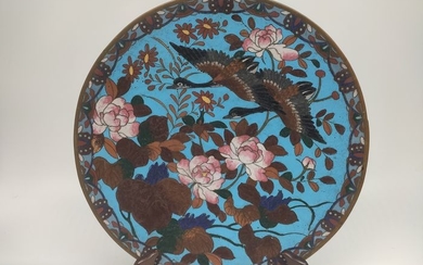 Dish - Cloisonne enamel - Bird, Flowers - Japan - ca 1900 (Meiji Period)