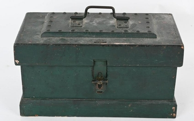 EARLY GREEN PAINTED WOOD STRONG BOX