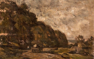 ENGLISH SCHOOL XIX : hitching at the foot of the cliff on a stormy evening. Painting on canvas, signed lower right illegible. 54,5 x 84 cm. (scales)