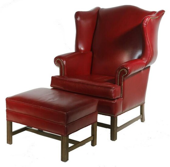 ETHAN ALLEN LEATHER WING BACK CHAIR & OTTOMAN SET