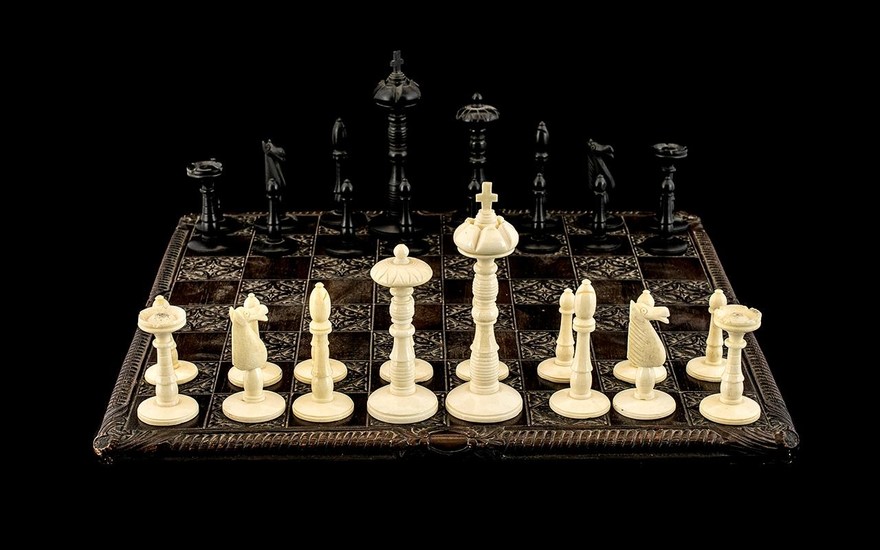 Early 20th Century Well Carved Ivory Bone Chess Set with Boa...