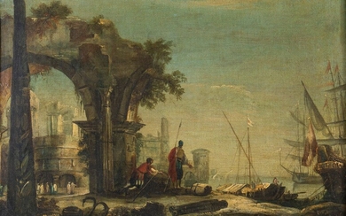 Ecole Vénitienne du XVIIIème siècle, Scène d'embarquement, huile sur toile, restaurations d'usage, 38 x 53...
