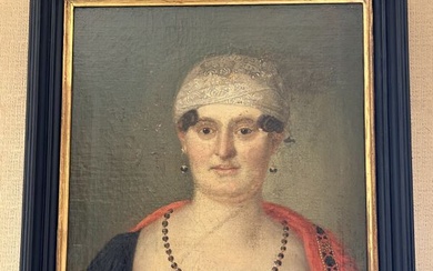 École du XIXe siècle Portrait de femme au voile de soie sur les cheveux et...
