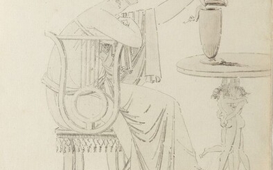 Ecole française néoclassique Deux feuilles : figures féminines Plume et encre noire, lavis gris. L'une...
