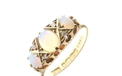Edwardian 18ct gold ring set three opals and rose cut diamonds