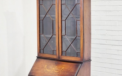 Edwardian mahogany bureau bookcase with astragal panel doors and three drawers to base (242 x 102 x 28cm)