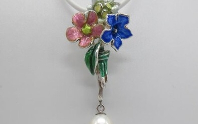 Ehinger Schwarz 1876 - AB Pearls 4U - "Alpenblumen" aus Emaille + Gemme 13.3mm Perle - 925 Silver, White gold - Necklace, Pendant - 7.05 ct Freshwater Pearl