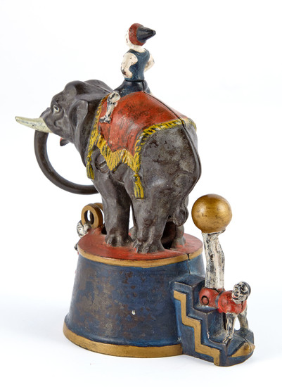 Elephant and Three Clowns Cast Iron Mechanical Bank