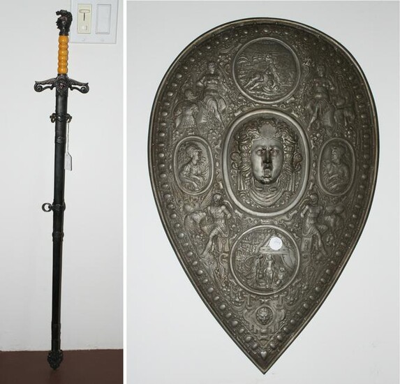 Embossed Steel Shield with Ceremonial/Fraternal Sword