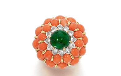 Emerald, coral and diamond ring, 1960s