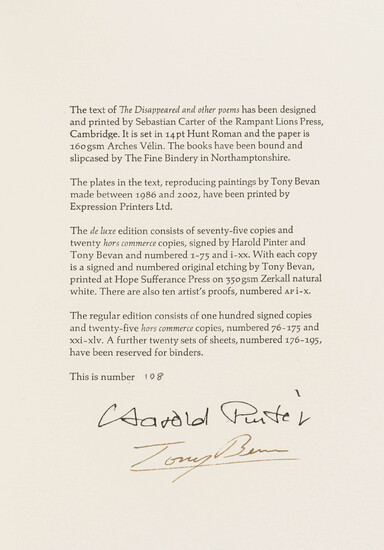 Enitharmon Press.- Pinter (Harold) The Disappeared and other poems, one of 125 copies, 2002 & others from the press (4)