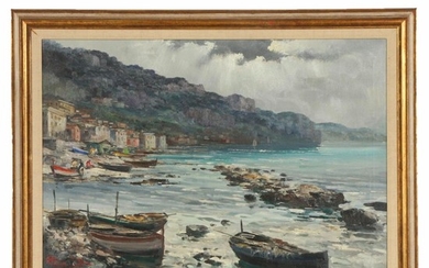 Ercole Magrotti Coastal Village Landscape Oil Painting, Mid-20th Century