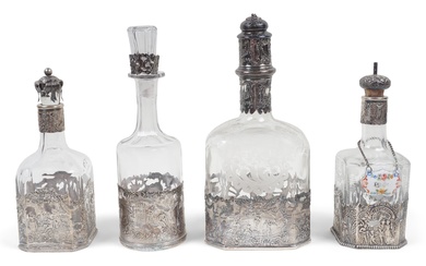 FOUR CONTINENTAL SILVER-MOUNTED GLASS DECANTERS Height of tallest: 9 1/8 in. (23.2 cm.)