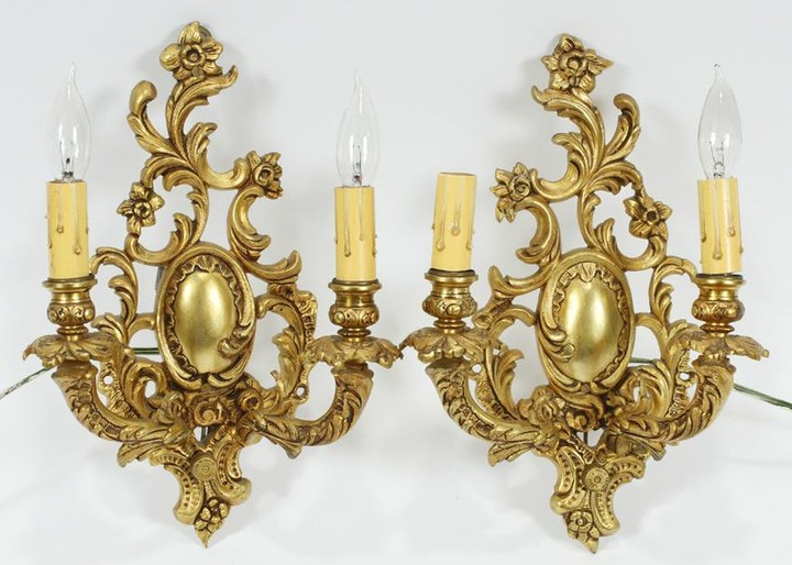 FRENCH STYLE GILDED BRONZE WALL SCONCES PAIR