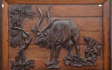Far eastern bas-relief in exotic wood with buffalo...