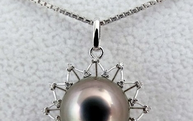 FedEx DELIVERY - Tahitian pearl, Rosy Peacock Glow 11.23 mm - Pendant, 18 kt. White Gold - Diamonds