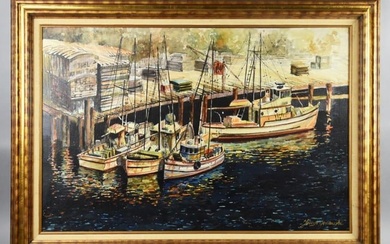 Fishing Boats Oil on Canvas Artist Signed Painting