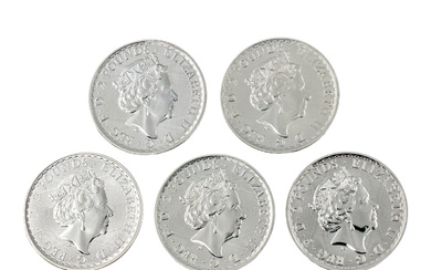 Five Fine Silver British Coins, 2 Pounds, Elizabeth II 5th...
