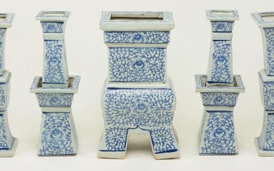 Five Piece Blue & White Altar Set, 19th century