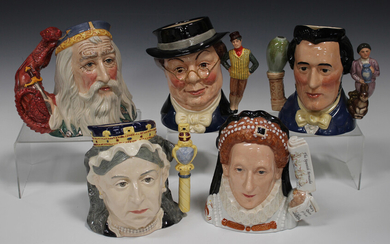 Five limited edition Royal Doulton large character jugs, comprising Queen Victoria, D6788, Merlin, D