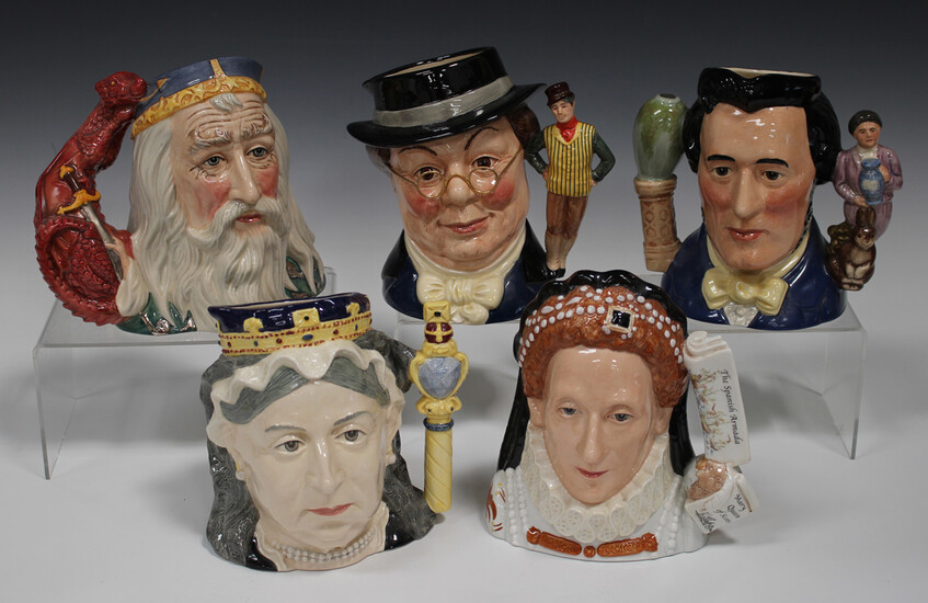 Five limited edition Royal Doulton large character jugs, comprising Queen Victoria, D6788, Merlin, D