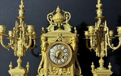 Clock and garniture set, Regency style (3) - Regency Style Gilt bronze - 1890-1900