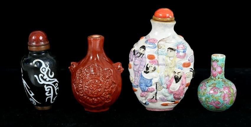 Four Chinese Snuff Bottles, Porcelain and Enamel