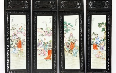 Four Large Chinese Porcelain & Wood Panels