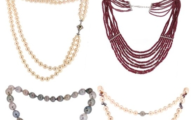 Four cultured pearl necklaces and a faceted ruby bead necklace