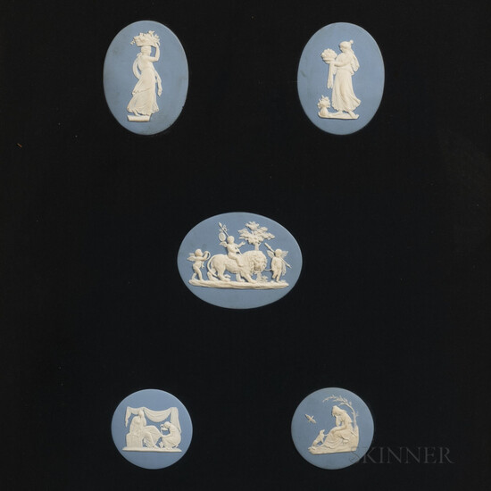 Framed Group of Five Wedgwood Solid Light Blue Jasper Medallions