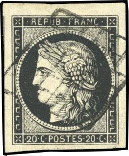 France - 20 centimes intense black on white, Ceres, imperforate, lovely margins, superb, signed. - Yvert 3a