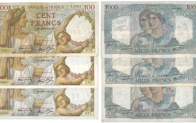 France. 3x 100 francs and 3x 1000 francs. Banknote. Type 1940-1949 - Very good.