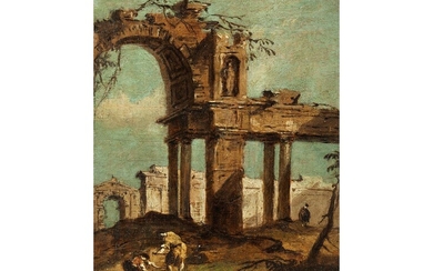 Francesco Guardi, 1712 Venedig – 1793 ebenda, CAPRICCIO MIT ANTIKEN RUINEN UND FIGURENSTAFFAGE