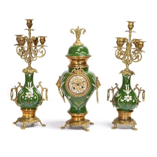 French Belle Epoque Green Enamel and Brass Vasiform