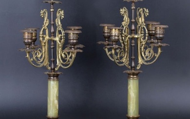 French Gilt Brass & Onyx 5-Light Candlesticks /French Gilt Brass & Onyx 5-Light Candlesticks (Pair)