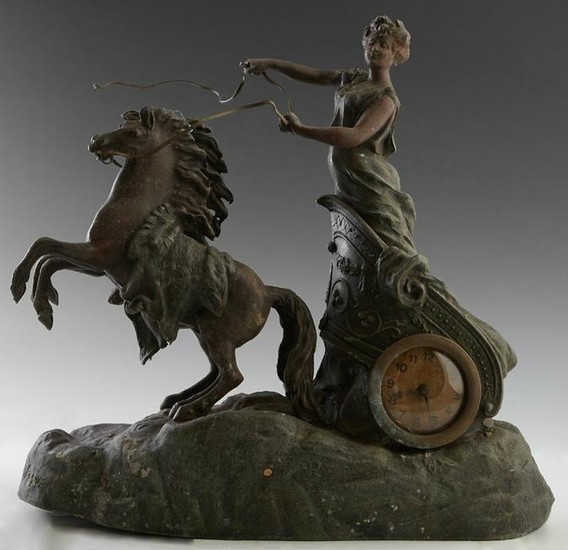 French Patinated Spelter Chariot Clock, early 20th c.