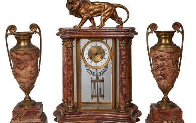 French Three Piece Highly Figured Rouge Marble and Bronze Clock Set, c. 1870, H.- 21 in., W.- 14