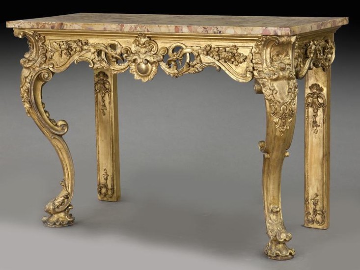 French carved gilt marble top console table