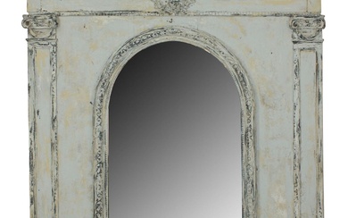 French trumeau mirror with cherub in scraped painted finish