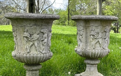 GARDEN URNS, a pair, well weathered reconstituted stone Neo ...