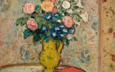 GEORGES D'ESPAGNAT(Melun 1870-1950 Paris)Bouquet de roses.Huile sur toile.Monogrammé en bas à droite : gdE.73 ×...