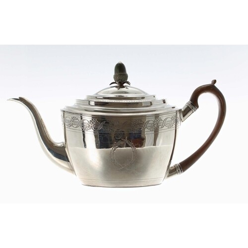 George III silver teapot, with hardwood handle and acorn fin...