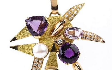 Gold, Amethyst and mabe' pearl pendant - by GIORGIO FACCHINI18k yellow, white and pink gold,...