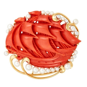Gold, Carved Coral and Cultured Pearl Sailing Ship Brooch