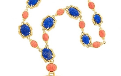 Gold, Carved Lapis and Coral Pendant-Necklace, David Webb